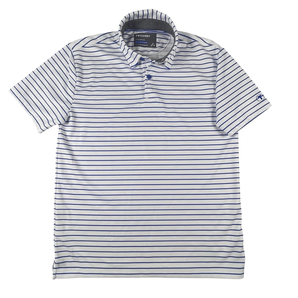 Twillory Polo Shirt Mens S White Blue Striped Athletic Athleisure Performance